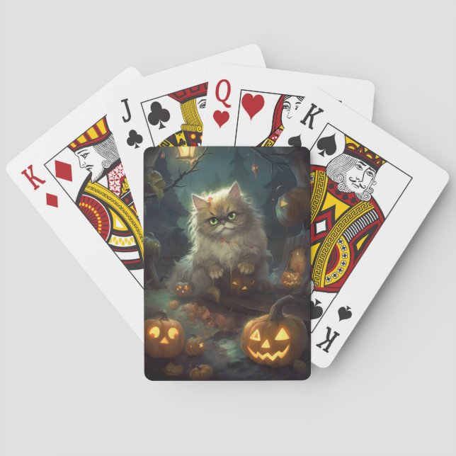 Halloween Persian Cat With Pumpkins Scary Poker Cards (Back)