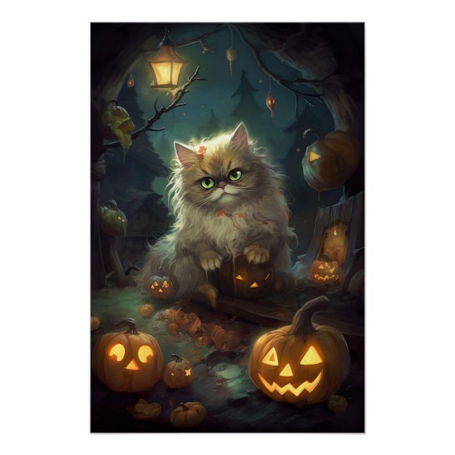 Halloween Persian Cat With Pumpkins Scary Poster (Front)