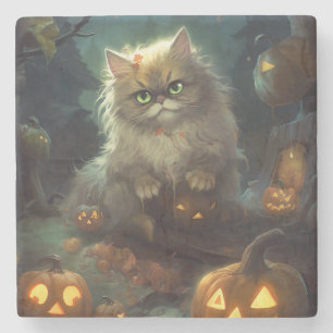 Halloween Persian Cat With Pumpkins Scary Stone Coaster