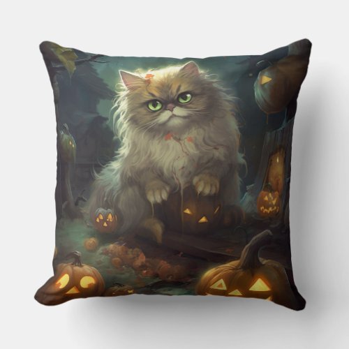 Halloween Persian Cat With Pumpkins Scary Throw Pillow