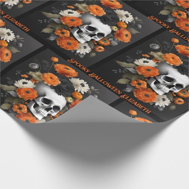 Halloween Personalize Name Gothic Skull & Flowers Wrapping Paper (Corner)