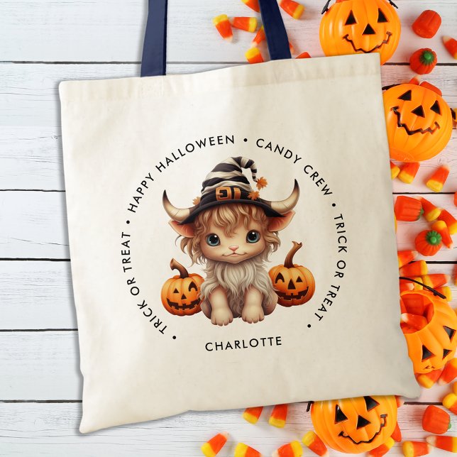 Halloween Personalized Highland Cow Trick Or Treat Tote Bag (Creator Uploaded)