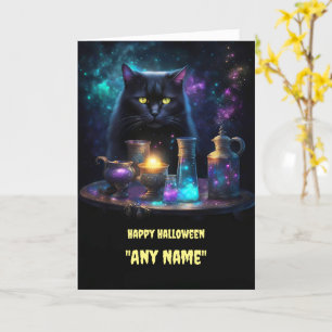 Halloween Personalized Name Black Cat and Potions Card