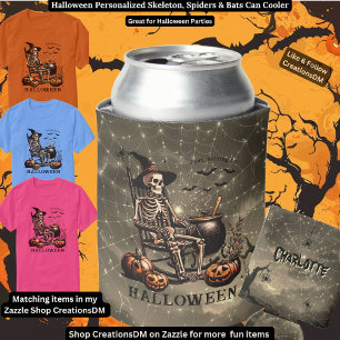 Halloween Personalized Skeleton, Spiders & Bats Can Cooler