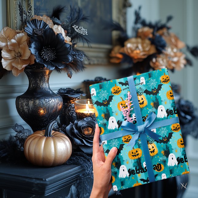 Halloween Personalized with Pumpkins and Ghosts Wrapping Paper (Creator Uploaded)
