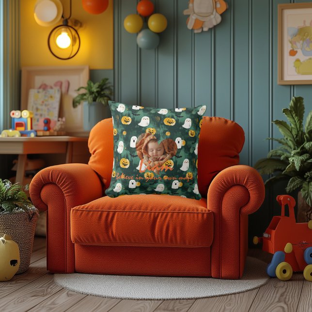Halloween Photo Decor with Ghosts and Pumpkins Throw Pillow (Creator Uploaded)
