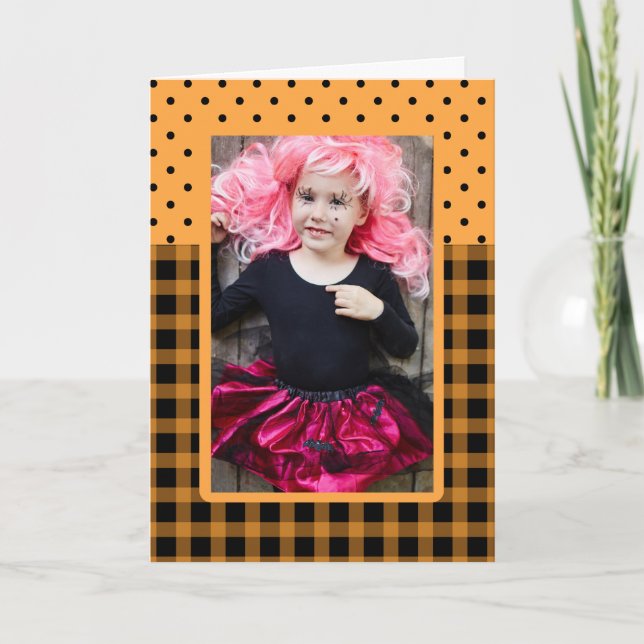 Halloween Photo Frame Plaid and Dots Card (Front)