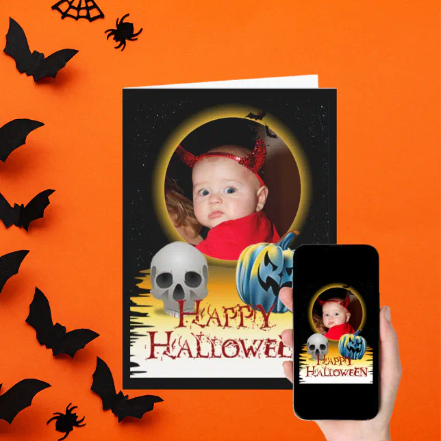 Halloween Photo Frame Skeleton and Jack o'Lantern Card | Zazzle