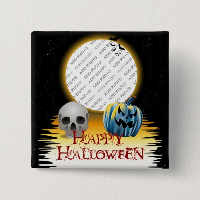 Halloween Photo Frame Skull and Jack o' Lantern Pinback Button (Front)