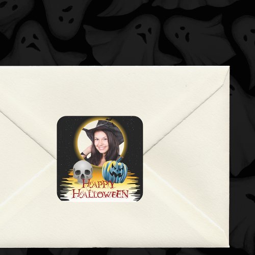 Halloween Photo Frame Skull and Jack o Lantern Square Sticker