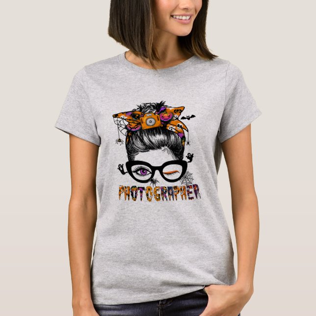 Halloween Photographer Messy Bun Hair Cool T-Shirt (Front)