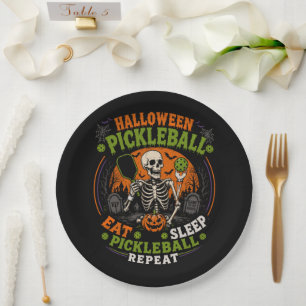 Halloween Pickleball Skeleton Spooky Sports Paper Plates