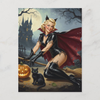Halloween Pin up blonde and black cat Holiday Postcard