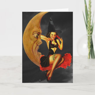 Halloween Pin-Up Girl Witch on Moon Greeting Card