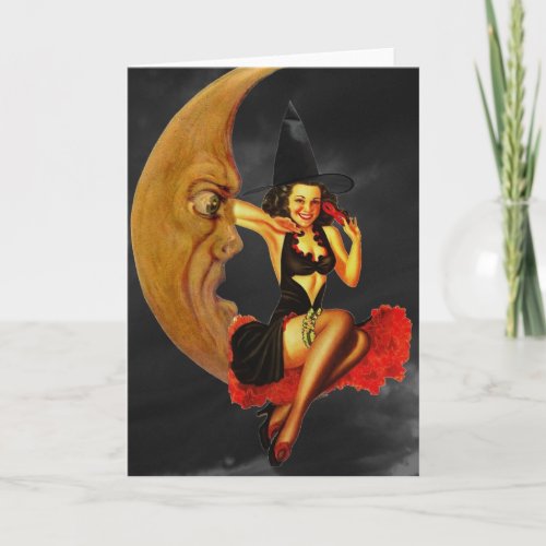 Halloween Pin_Up Girl Witch on Moon Greeting Card