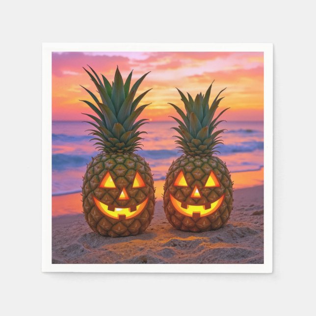 Halloween Pineapple Jack-o-lanterns On a Beach Napkins (Front)