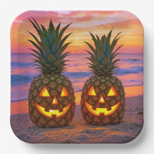 Halloween Pineapple Jack-o-lanterns On a Beach Paper Plates