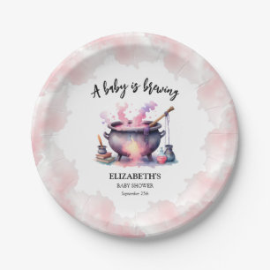 Halloween Pink Baby is Brewing Baby Shower Paper Plates