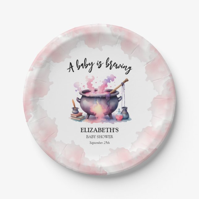 Halloween Pink Baby is Brewing Baby Shower Paper Plates (Front)