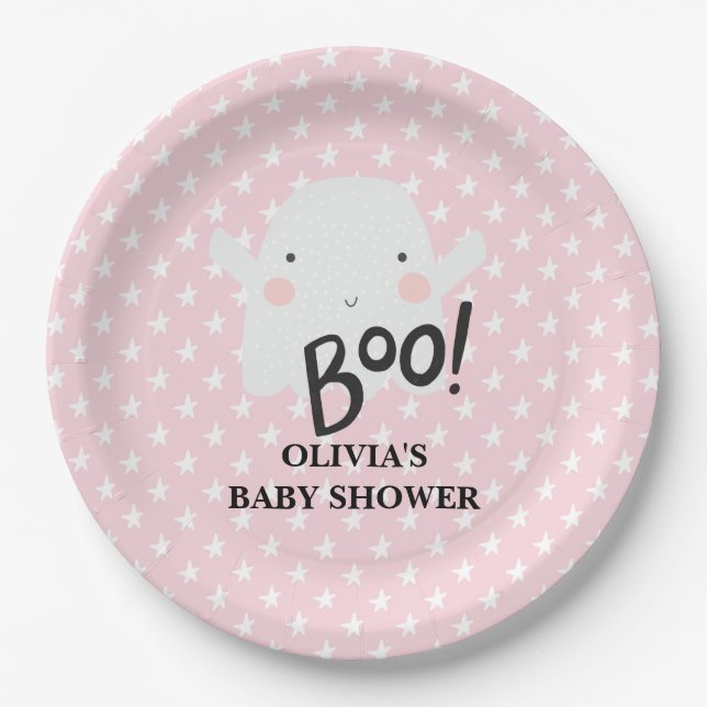 Halloween Pink Baby Shower Little Boo Ghost Paper Plates (Front)