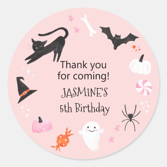 Halloween Pink Birthday Party Favor   Classic Round Sticker (Front)