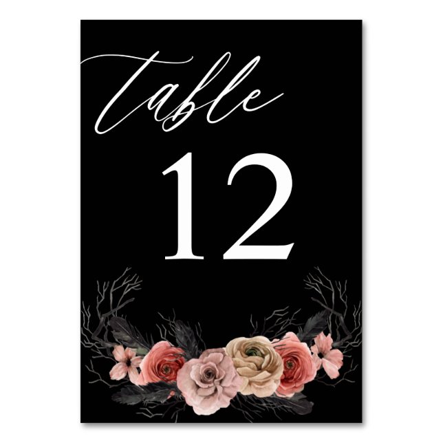 Halloween Pink & Black Floral Table Number - Black (Front)