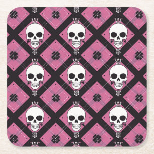 Halloween Pink Cute Scull Checkered Square Paper Coaster