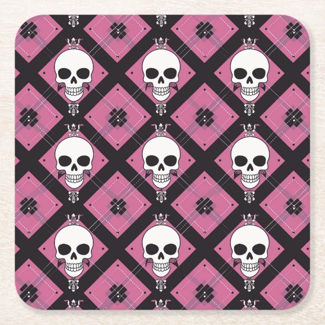 Halloween Pink Cute Scull Checkered  Square Paper Coaster (Front)