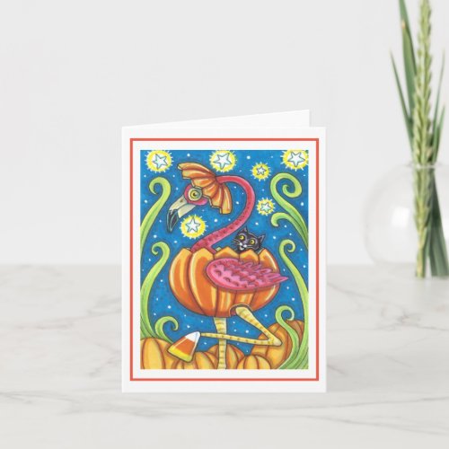 HALLOWEEN PINK FLAMINGO BLACK CAT IN PUMPKIN Blank Card