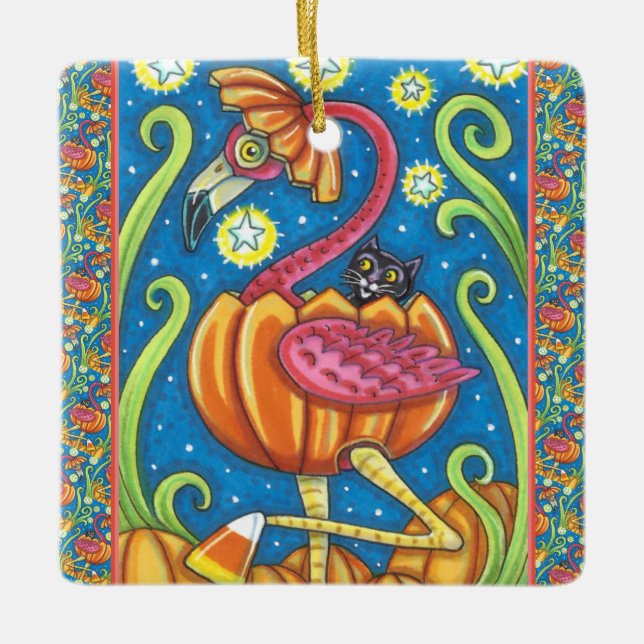 HALLOWEEN PINK FLAMINGO & BLACK CAT IN PUMPKIN CERAMIC ORNAMENT (Front)