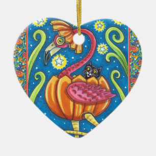 HALLOWEEN PINK FLAMINGO & BLACK CAT IN PUMPKIN CERAMIC ORNAMENT