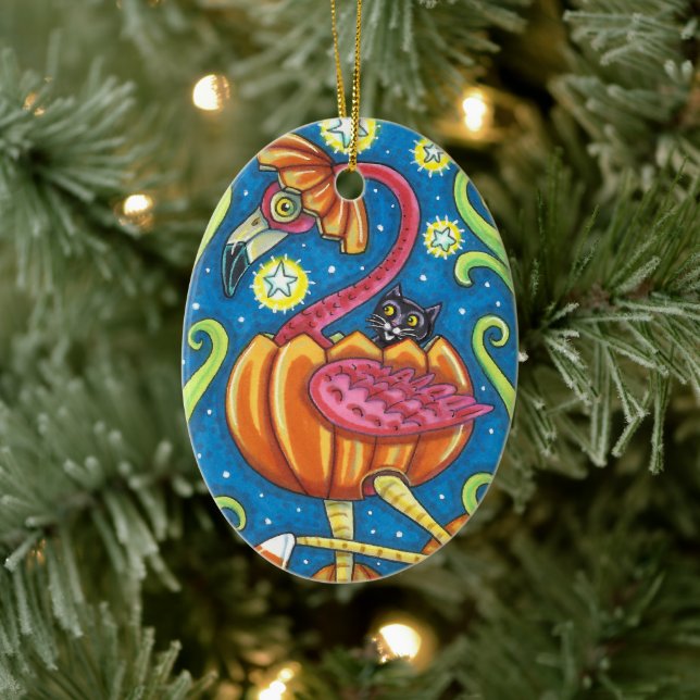 HALLOWEEN PINK FLAMINGO & BLACK CAT IN PUMPKIN CERAMIC ORNAMENT (Tree)