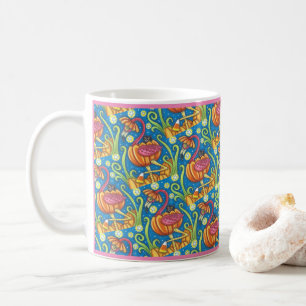 HALLOWEEN PINK FLAMINGO & BLACK CAT IN PUMPKIN COFFEE MUG