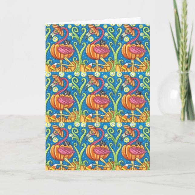 HALLOWEEN PINK FLAMINGO & BLACK CAT IN PUMPKIN HOLIDAY CARD (Front)