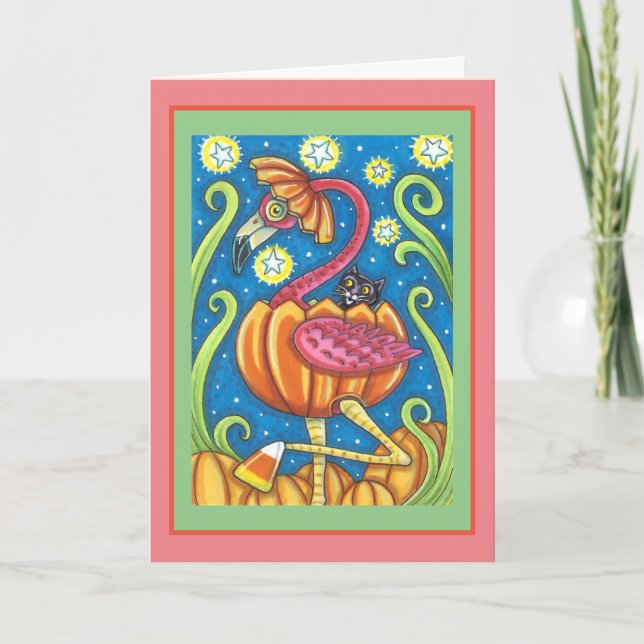 HALLOWEEN PINK FLAMINGO & BLACK CAT IN PUMPKIN HOLIDAY CARD (Front)