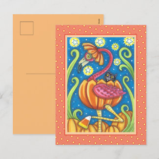 HALLOWEEN PINK FLAMINGO & BLACK CAT IN PUMPKIN HOLIDAY POSTCARD