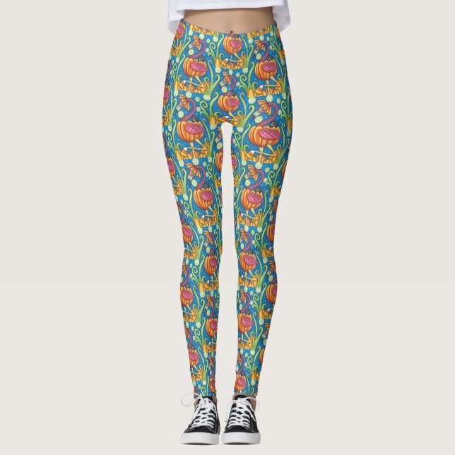 HALLOWEEN PINK FLAMINGO & BLACK CAT IN PUMPKIN LEGGINGS (Front)