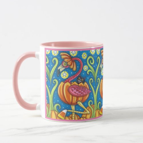 HALLOWEEN PINK FLAMINGO  BLACK CAT IN PUMPKIN MUG