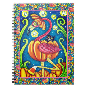 HALLOWEEN PINK FLAMINGO & BLACK CAT IN PUMPKIN NOTEBOOK