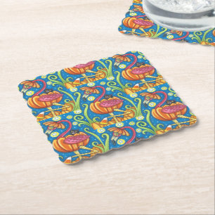 HALLOWEEN PINK FLAMINGO & BLACK CAT IN PUMPKIN PAPER COASTER