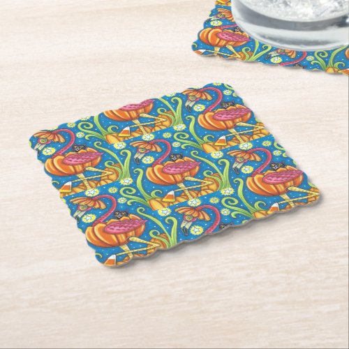 HALLOWEEN PINK FLAMINGO  BLACK CAT IN PUMPKIN PAPER COASTER