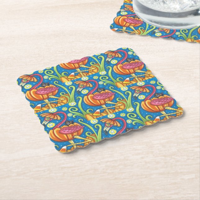 HALLOWEEN PINK FLAMINGO & BLACK CAT IN PUMPKIN PAPER COASTER (Angled)