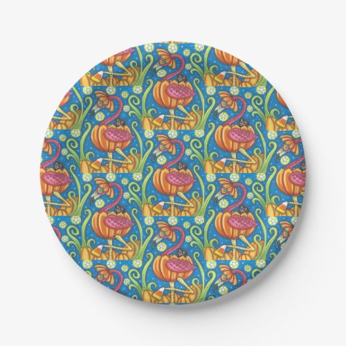 HALLOWEEN PINK FLAMINGO  BLACK CAT IN PUMPKIN PAPER PLATES