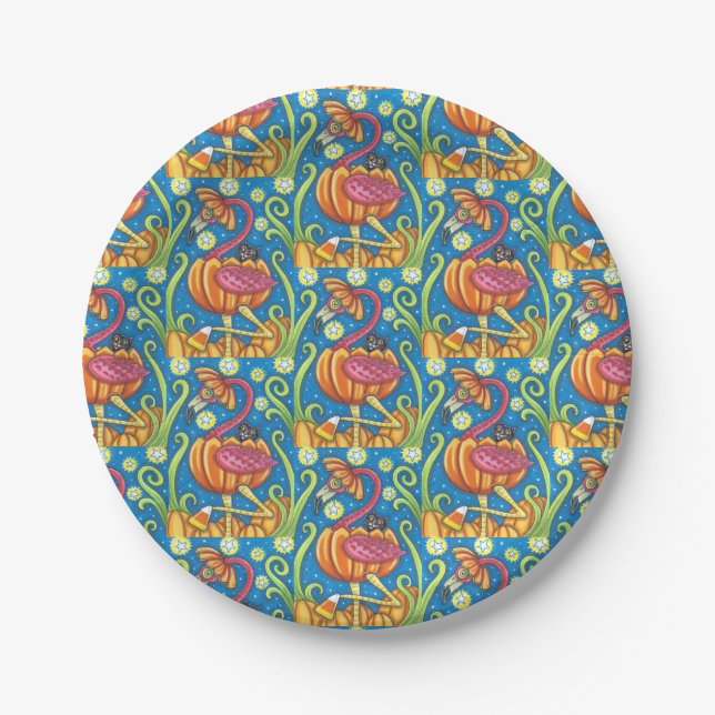 HALLOWEEN PINK FLAMINGO & BLACK CAT IN PUMPKIN PAPER PLATES (Front)