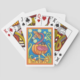 HALLOWEEN PINK FLAMINGO & BLACK CAT IN PUMPKIN POKER CARDS