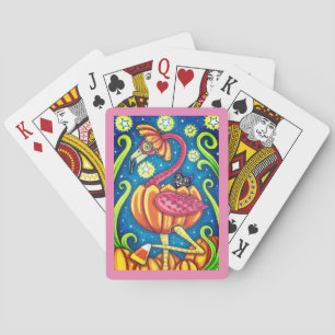 HALLOWEEN PINK FLAMINGO & BLACK CAT IN PUMPKIN POKER CARDS