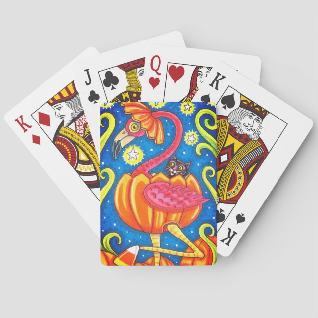 HALLOWEEN PINK FLAMINGO & BLACK CAT IN PUMPKIN POKER CARDS (Back)