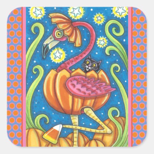 HALLOWEEN PINK FLAMINGO  BLACK CAT IN PUMPKIN SQUARE STICKER