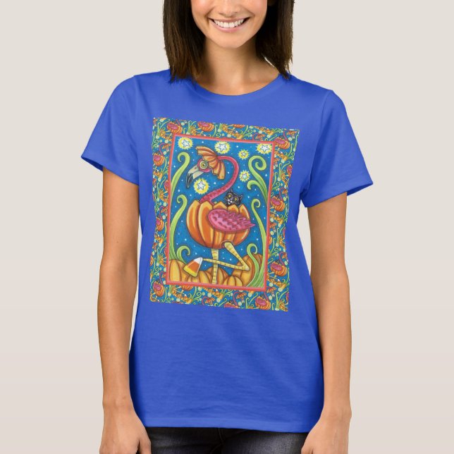 HALLOWEEN PINK FLAMINGO & BLACK CAT IN PUMPKIN T-Shirt (Front)