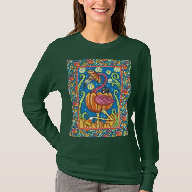 HALLOWEEN PINK FLAMINGO & BLACK CAT IN PUMPKIN T-Shirt (Front)